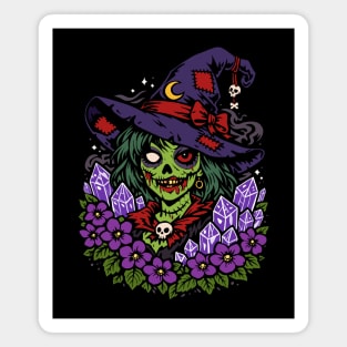 February Zombie Witch with Gems and Flowers Magnet
